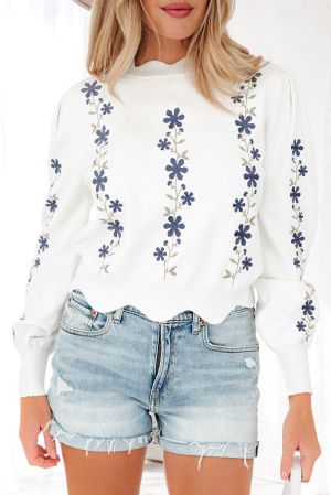 Women’s Short White Sweater with Floral Embroidery