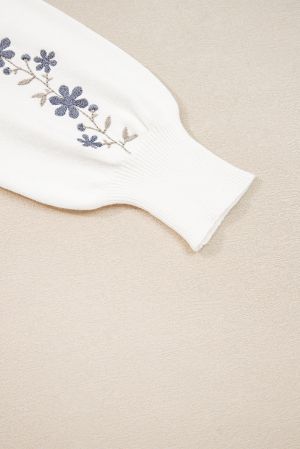 Women’s Short White Sweater with Floral Embroidery