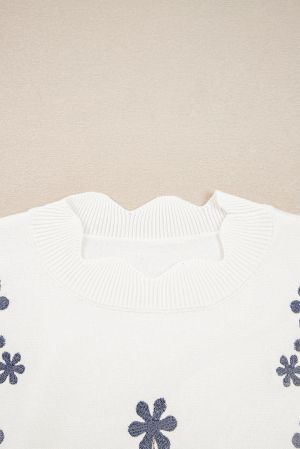 Women’s Short White Sweater with Floral Embroidery