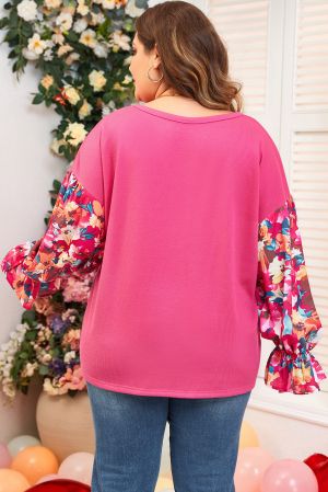 Sachet Pink Flower Patchwork Ruffled Sleeve Ribbed Knit Drop Shoulder Top