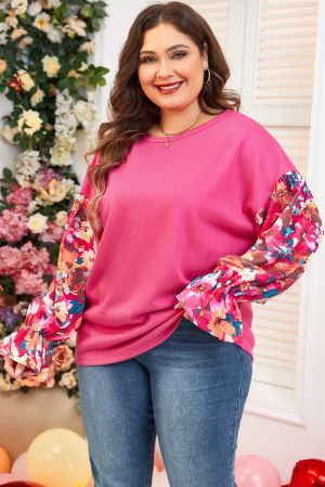 Sachet Pink Flower Patchwork Ruffled Sleeve Ribbed Knit Drop Shoulder Top