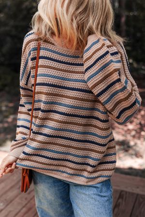 Women’s Knitted Striped Sweater in Beige, Brown and Blue