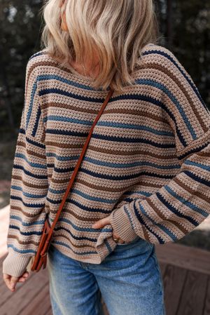 Women’s Knitted Striped Sweater in Beige, Brown and Blue