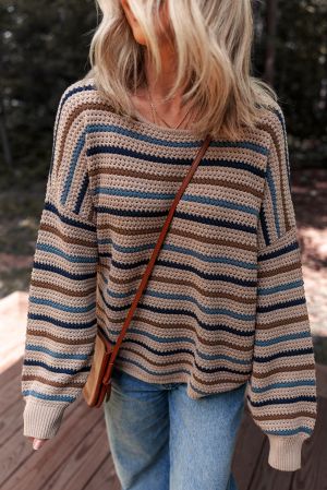 Women’s Knitted Striped Sweater in Beige, Brown and Blue