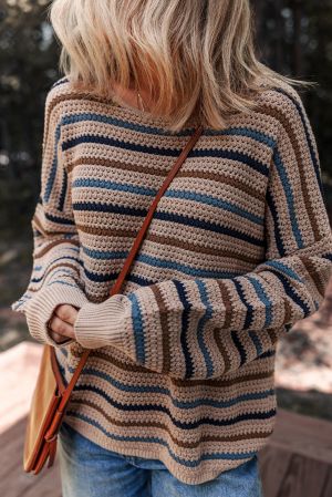 Women’s Knitted Striped Sweater in Beige, Brown and Blue