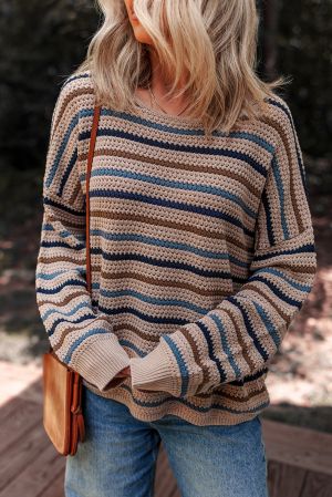 Women’s Knitted Striped Sweater in Beige, Brown and Blue