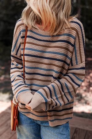 Women’s Knitted Striped Sweater in Beige, Brown and Blue