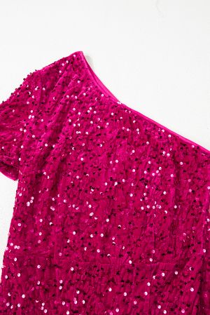 Дамска дълга елегантна рокля с едно рамо и пайети в цвят циклама