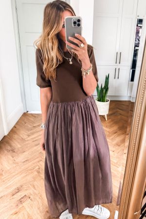 Women’s Coffee Brown Short Sleeve Knit Top Patchwork Long Dress