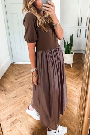 Women’s Coffee Brown Short Sleeve Knit Top Patchwork Long Dress