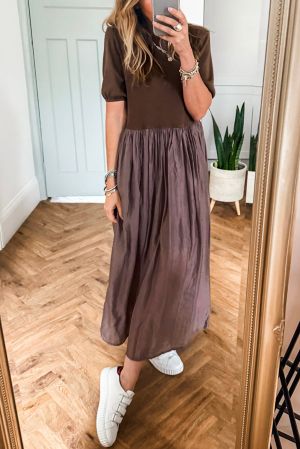 Women’s Coffee Brown Short Sleeve Knit Top Patchwork Long Dress