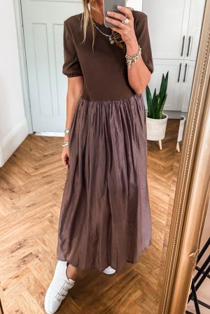 Women’s Coffee Brown Short Sleeve Knit Top Patchwork Long Dress