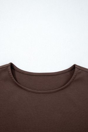 Women’s Coffee Brown Short Sleeve Knit Top Patchwork Long Dress