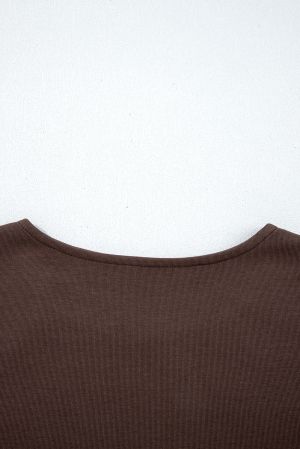 Women’s Coffee Brown Short Sleeve Knit Top Patchwork Long Dress