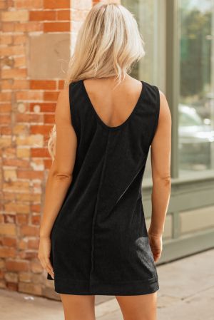 Women’s Black Corduroy Sleeveless Mini Dress with Front Pockets