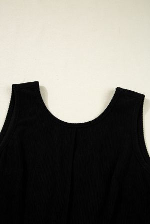 Women’s Black Corduroy Sleeveless Mini Dress with Front Pockets