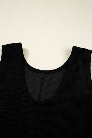 Women’s Black Corduroy Sleeveless Mini Dress with Front Pockets