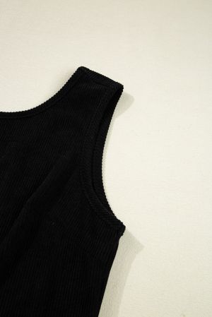 Women’s Black Corduroy Sleeveless Mini Dress with Front Pockets
