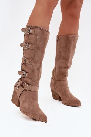 Women’s Faux Suede Cowboy Boots with Buckles
