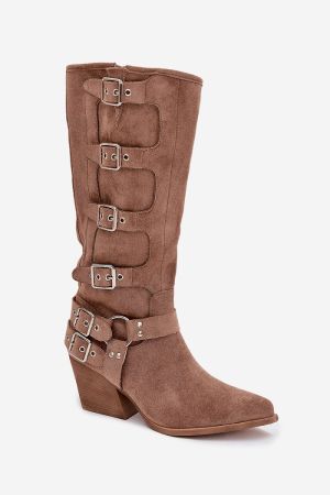 Women’s Faux Suede Cowboy Boots with Buckles