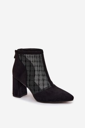 Women’s Black Faux Suede and Mesh Ankle Boots on Block Heel