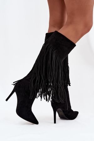 Women’s Black Faux Suede Fringe High Heel Boots