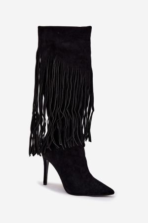 Women’s Black Faux Suede Fringe High Heel Boots