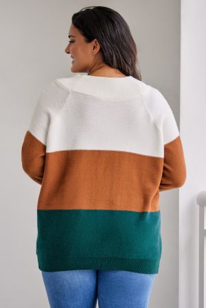 Women's Plus Size Ribbed Trim Color Block Sweater