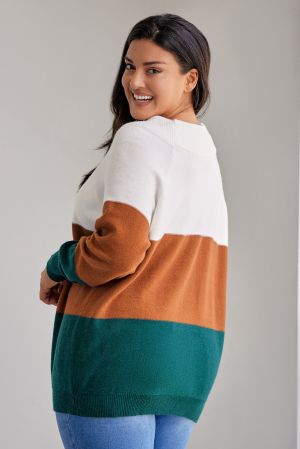 Women's Plus Size Ribbed Trim Color Block Sweater