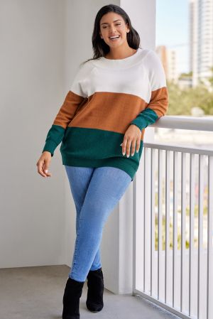 Women's Plus Size Ribbed Trim Color Block Sweater