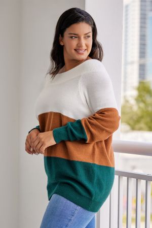 Women's Plus Size Ribbed Trim Color Block Sweater