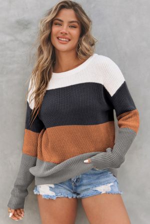 Women's Chestnut Color Block Knitted O-neck Pullover Sweater