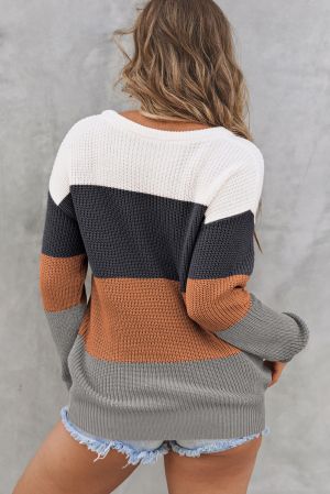 Women's Chestnut Color Block Knitted O-neck Pullover Sweater
