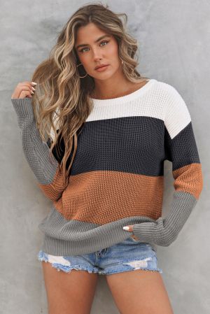 Women's Chestnut Color Block Knitted O-neck Pullover Sweater