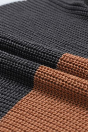 Women's Chestnut Color Block Knitted O-neck Pullover Sweater