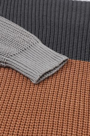 Women's Chestnut Color Block Knitted O-neck Pullover Sweater