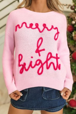 Women's Pink Christmas Sweater “Merry & Bright”