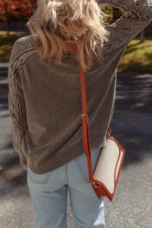 Women’s Dark Brown 100% Cotton Sweater with Cable Knit Sleeves