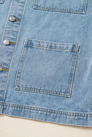 Дамско синьо дънково яке с големи джобове и странични връзки, boyfriend стил