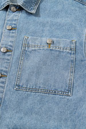 Дамско синьо дънково яке с големи джобове и странични връзки, boyfriend стил