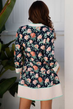Women's Blue Floral Print Mini Dress with Striped Trim