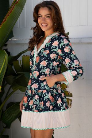 Women's Blue Floral Print Mini Dress with Striped Trim