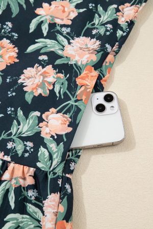 Women's Blue Floral Print Mini Dress with Striped Trim