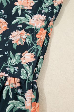 Women's Blue Floral Print Mini Dress with Striped Trim