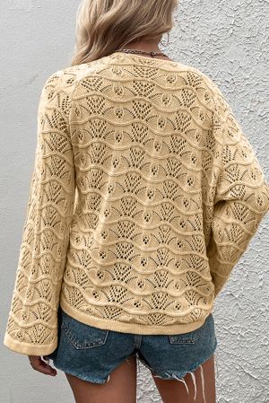 Women’s Beige Knitted Sweater with Drawstrings and Lace Pattern