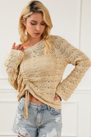 Women’s Beige Knitted Sweater with Drawstrings and Lace Pattern