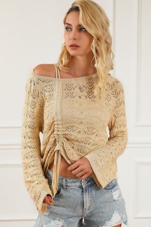 Women’s Beige Knitted Sweater with Drawstrings and Lace Pattern