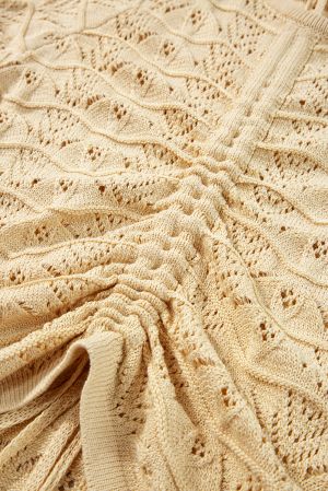 Women’s Beige Knitted Sweater with Drawstrings and Lace Pattern