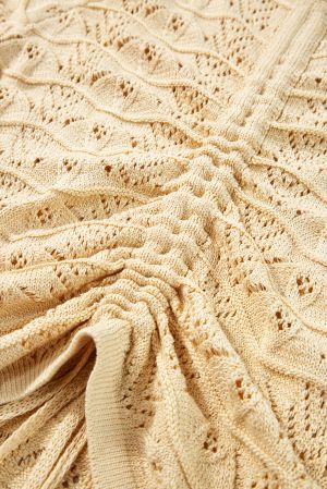 Women’s Beige Knitted Sweater with Drawstrings and Lace Pattern