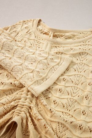 Women’s Beige Knitted Sweater with Drawstrings and Lace Pattern